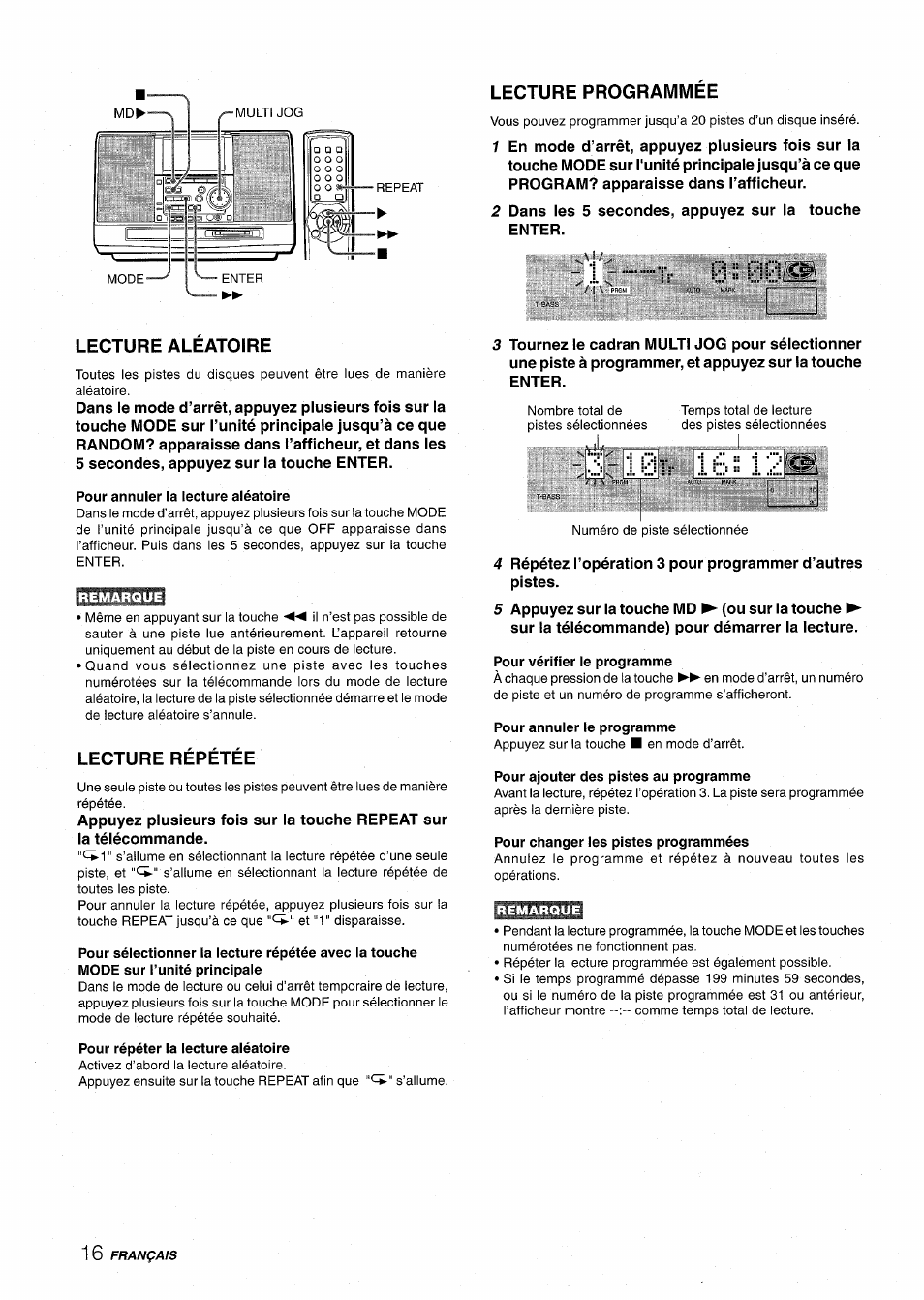 Lecture aleatoire, Pour annuler la lecture aléatoire, Lecture répétée | Pour répéter la lecture aléatoire, Lecture programmee, 1 -ìv 0i;i30ii, Ô .!. i:!j ï” .1.0« .1, Pour vérifier le programme, Pour annuler le programme, Pour ajouter des pistes au programme | Aiwa CSD-MD50 User Manual | Page 80 / 100