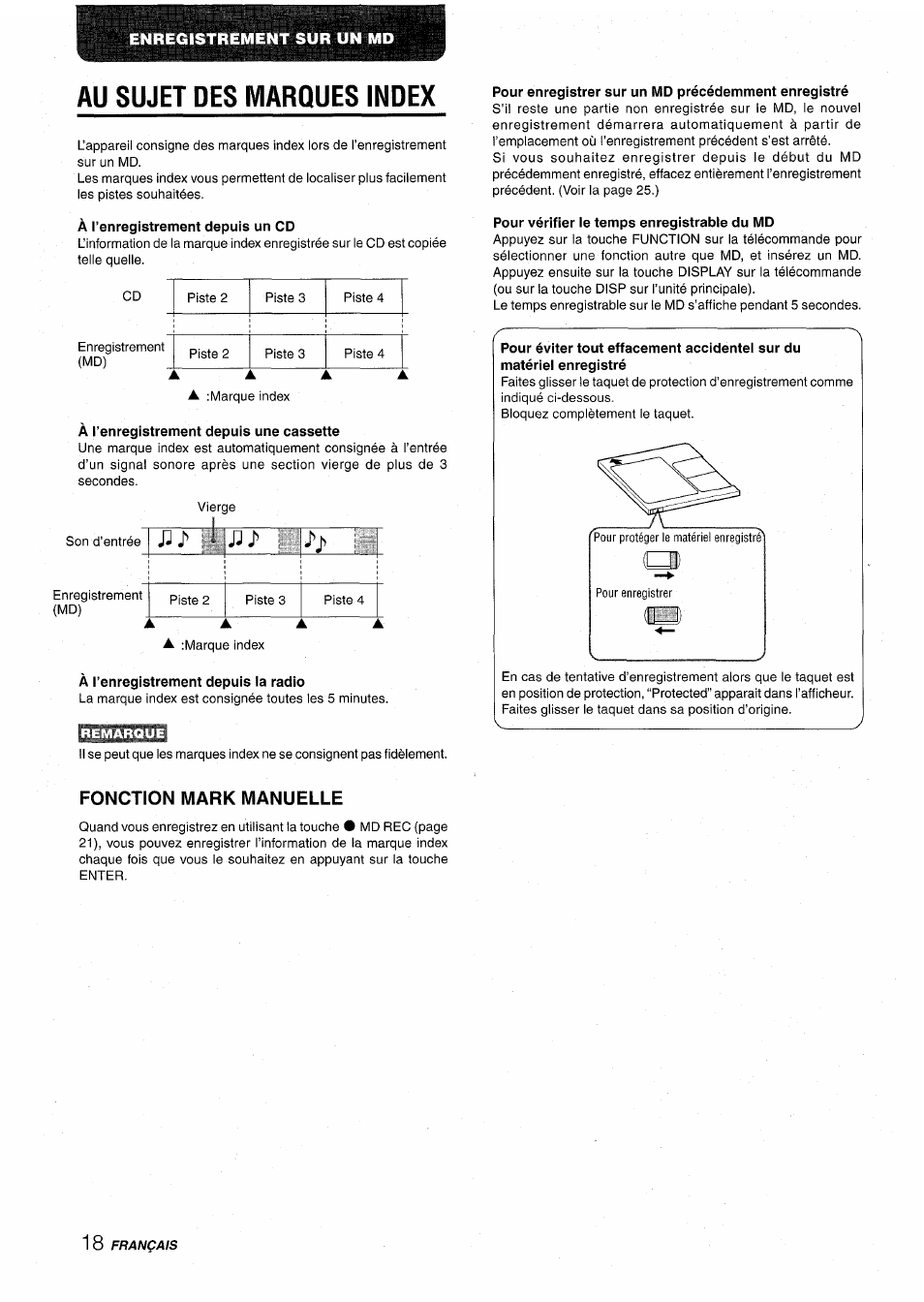 Au sujet des marques index, À l’enregistrement depuis un cd, À l’enregistrement depuis une cassette | À l’enregistrement depuis la radio, Pour enregistrer sur un md précédemment enregistré, Pour vérifier le temps enregistrable du md, Fonction mark manuelle | Aiwa CSD-MD50 User Manual | Page 82 / 100