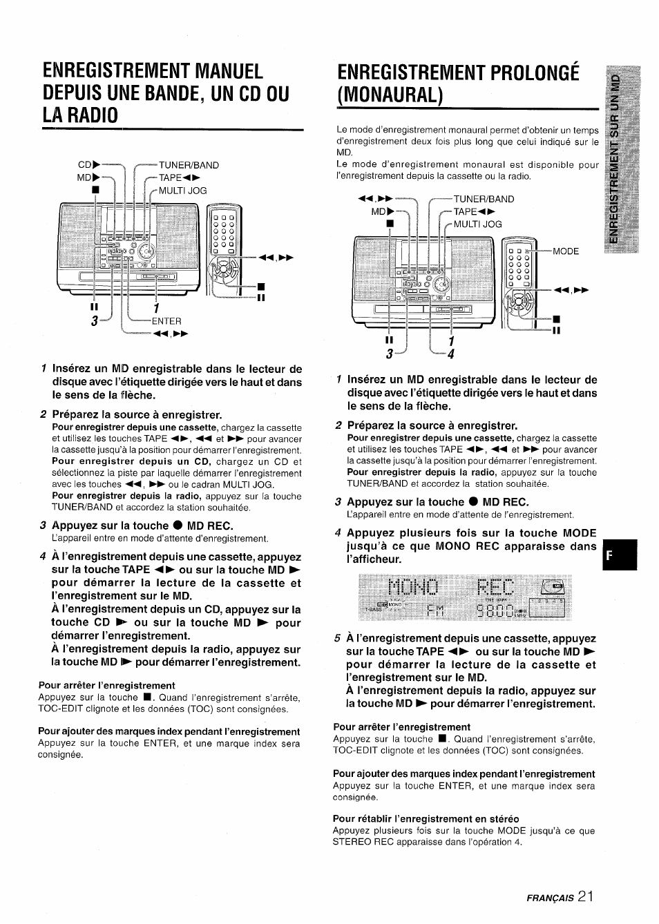 Enregistrement prolongé (monaural), Moho rec | Aiwa CSD-MD50 User Manual | Page 85 / 100