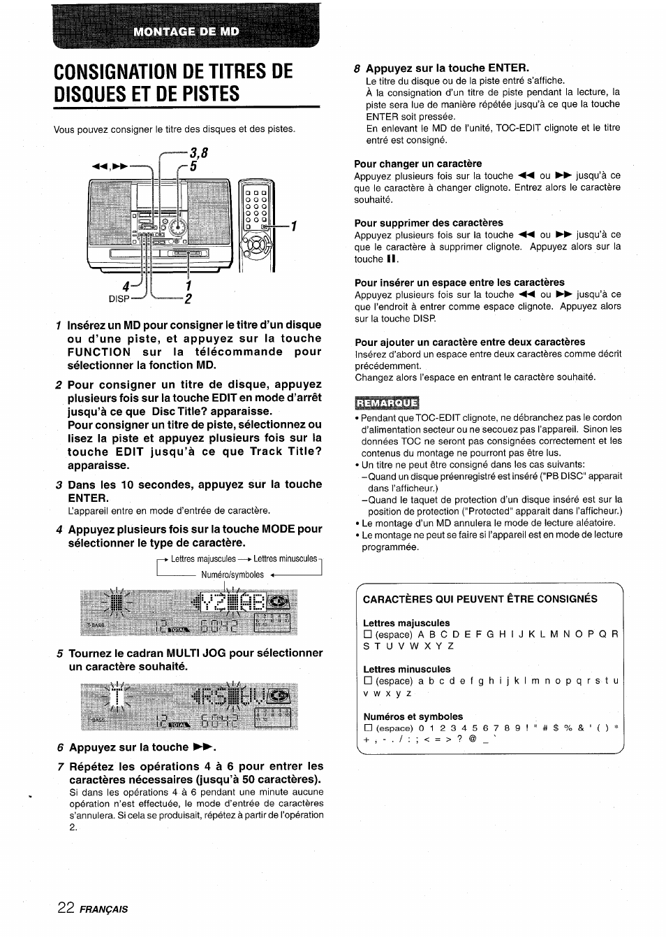 Consignation de titres de disques et de pistes, Üfisliüuiçis, Pour changer un caractère | Pour supprimer des caractères, Pour insérer un espace entre les caractères, Pour ajouter un caractère entre deux caractères | Aiwa CSD-MD50 User Manual | Page 86 / 100