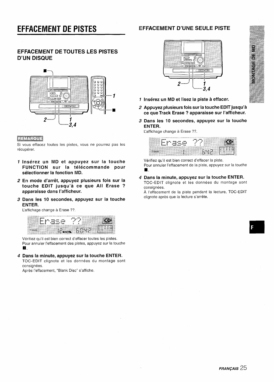 Effaceivient de pistes, Effacement d’une seule piste, Effacement de toutes les pistes d’un disque | Effacement de pistes, Erase | Aiwa CSD-MD50 User Manual | Page 89 / 100