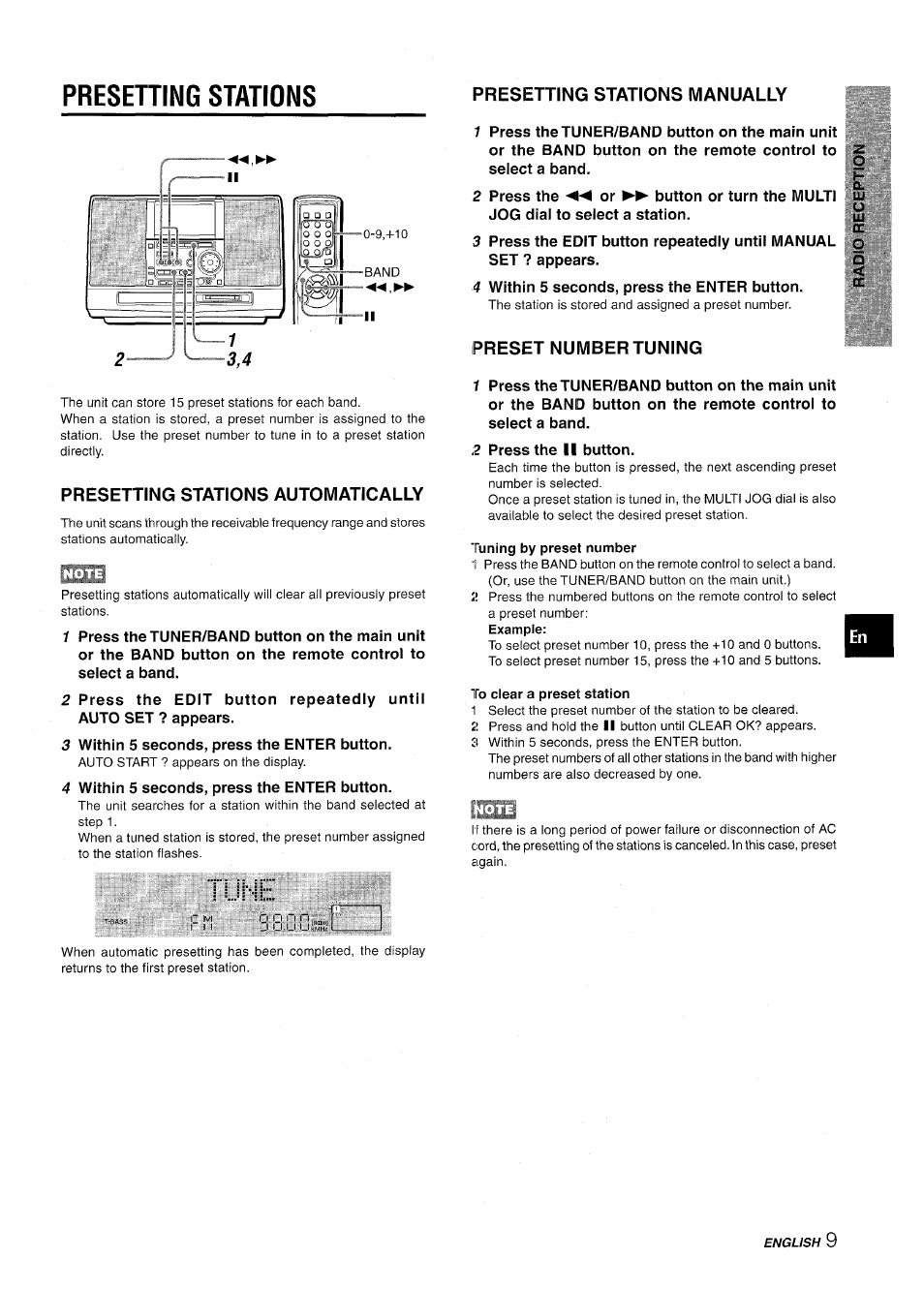 Presening stations, Presetting stations automatically, Tune | Presetting stations manually, Preset number tuning, Tuning by preset number, To clear a preset station, Presetting stations | Aiwa CSD-MD50 User Manual | Page 9 / 100