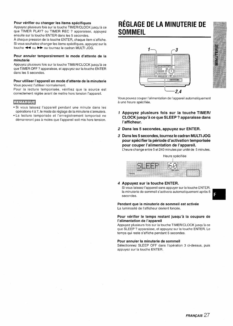 Pour vérifier ou changer les items spécifiques, Reglage de la minuterie de sommeil, 2 dans les 5 secondes, appuyez sur enter | Sleep 60, 4 appuyez sur la touche enter, Pendant que la minuterie de sommeii est activée, Pour annuler la minuterie de sommeii, Réglage de la minuterie de sommeil | Aiwa CSD-MD50 User Manual | Page 91 / 100