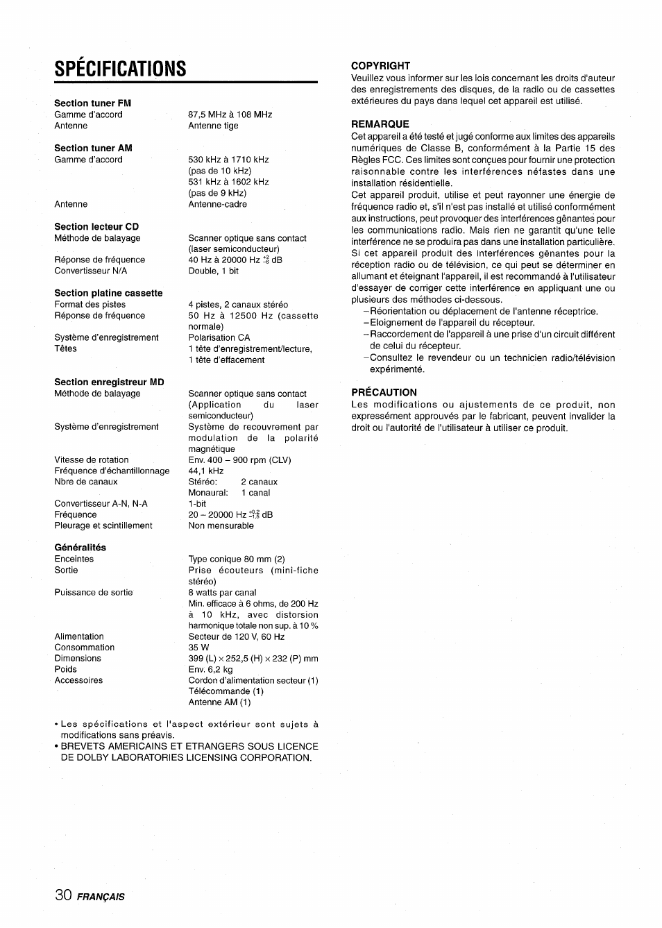 Specifications, Spécifications | Aiwa CSD-MD50 User Manual | Page 94 / 100