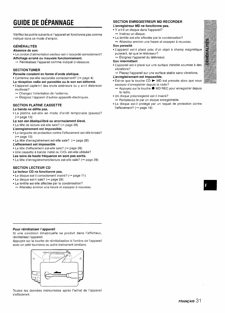 Guide de depannage, Guide de dépannage | Aiwa CSD-MD50 User Manual | Page 95 / 100