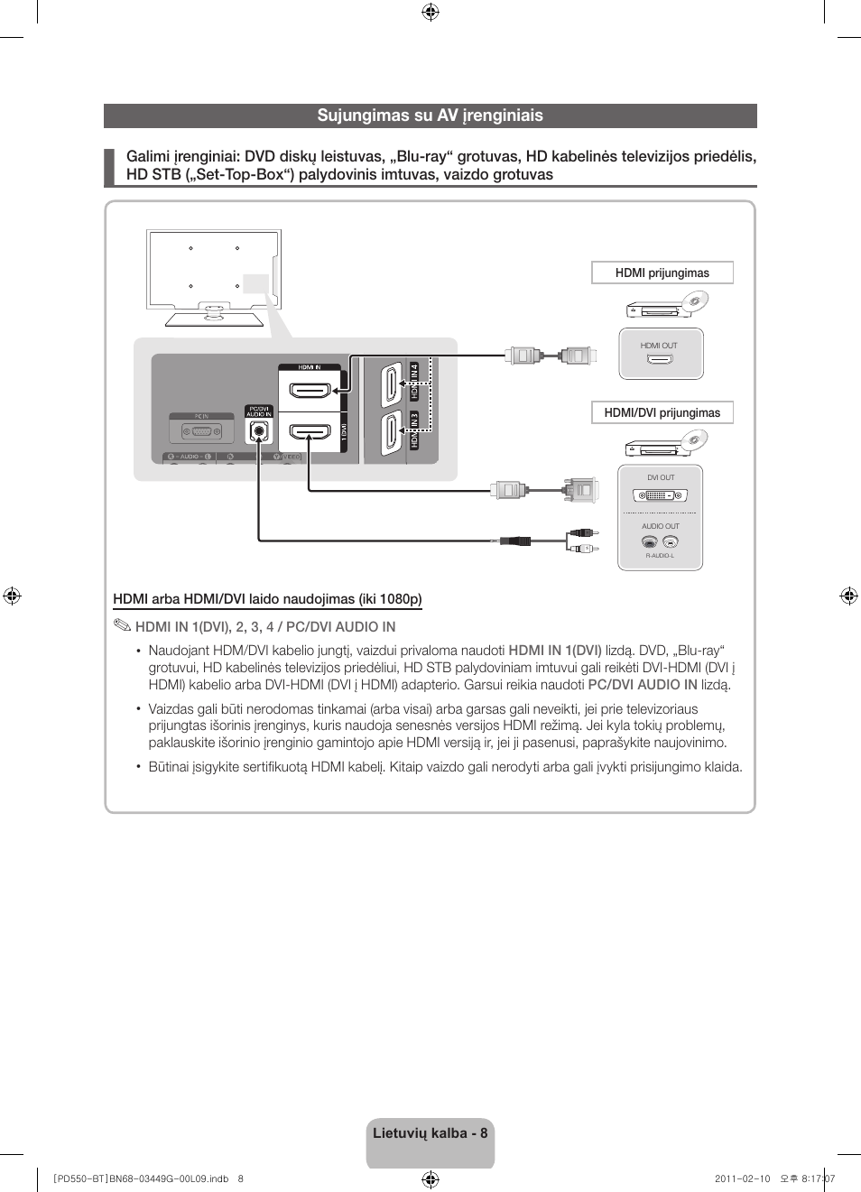Sujungimas su av įrenginiais | Samsung PS59D550C1W User Manual | Page 100 / 166