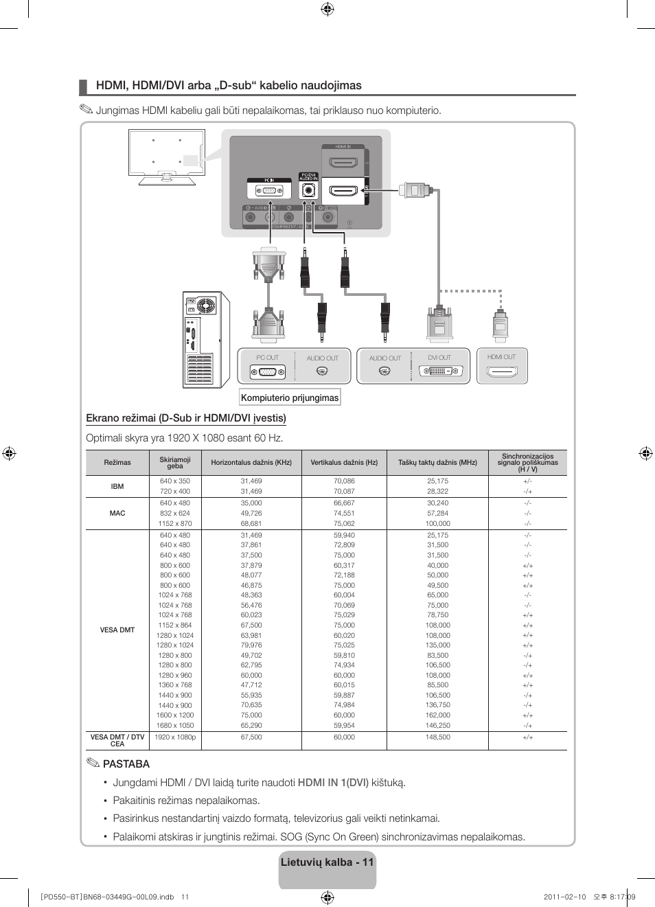 Hdmi, hdmi/dvi arba „d-sub“ kabelio naudojimas | Samsung PS59D550C1W User Manual | Page 103 / 166