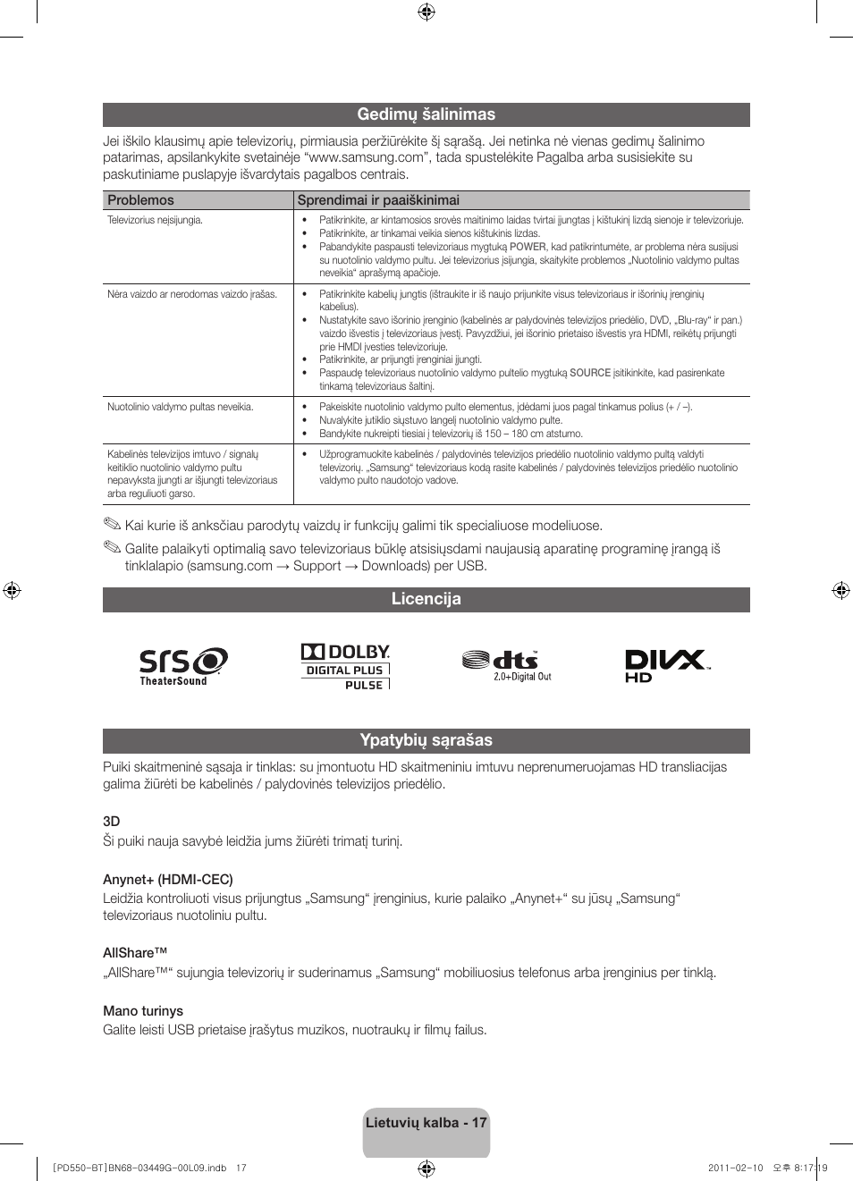 Gedimų šalinimas, Licencija ypatybių sąrašas | Samsung PS59D550C1W User Manual | Page 109 / 166