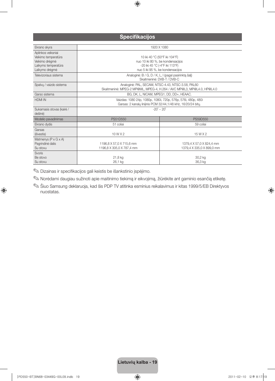 Specifikacijos | Samsung PS59D550C1W User Manual | Page 111 / 166