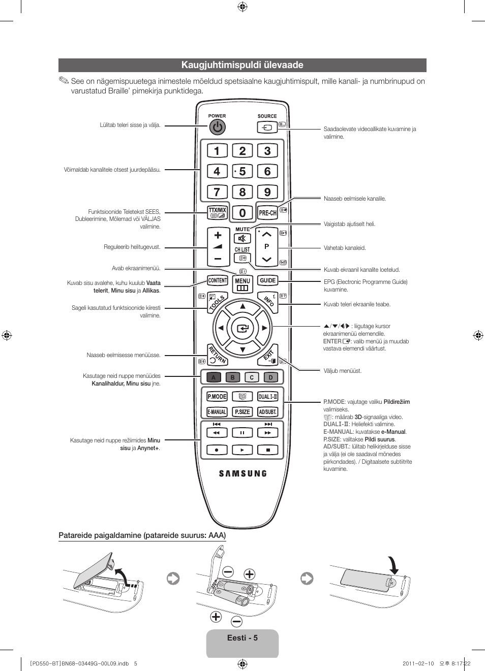 Kaugjuhtimispuldi ülevaade | Samsung PS59D550C1W User Manual | Page 115 / 166