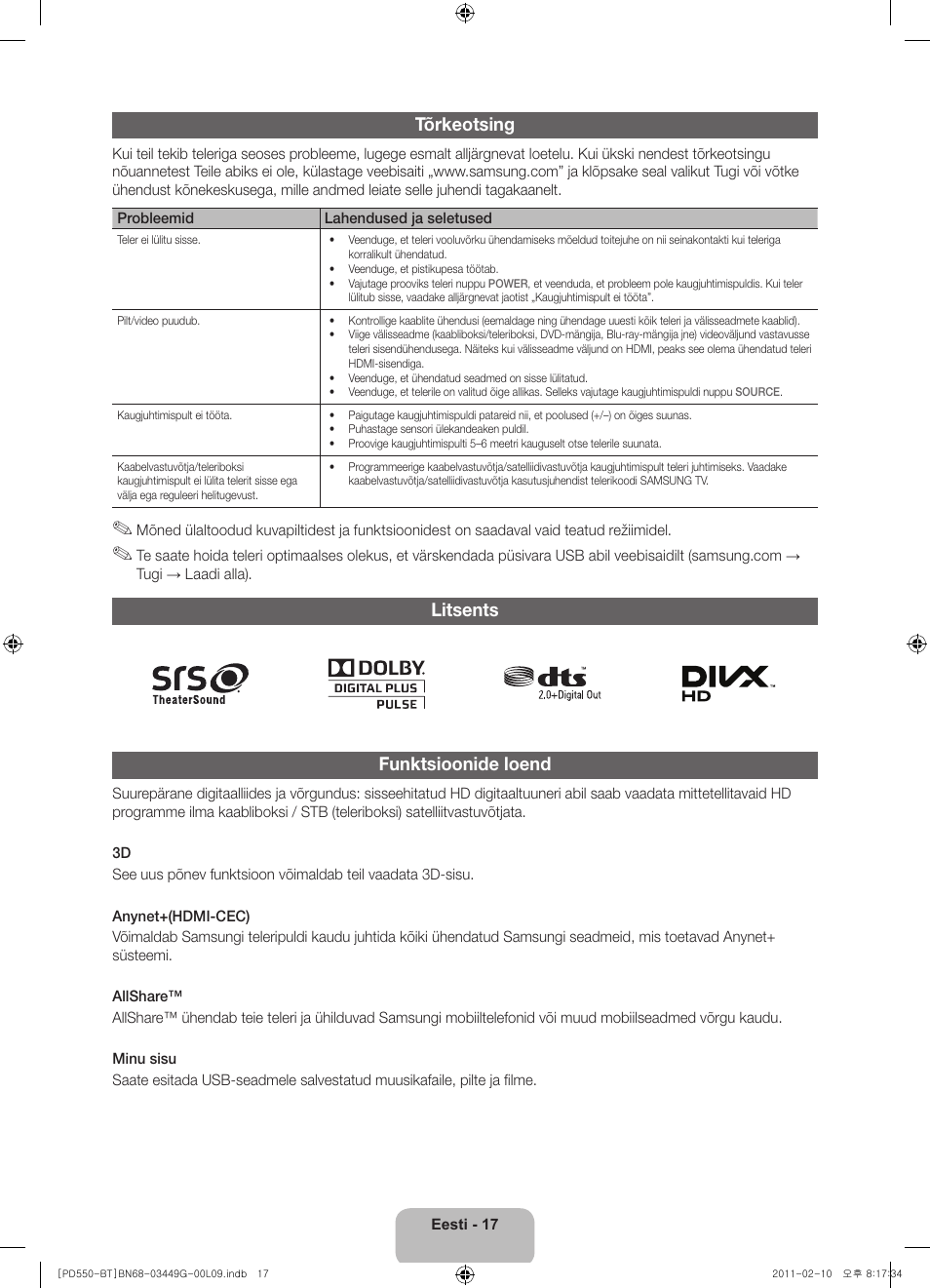 Tõrkeotsing, Litsents funktsioonide loend | Samsung PS59D550C1W User Manual | Page 127 / 166