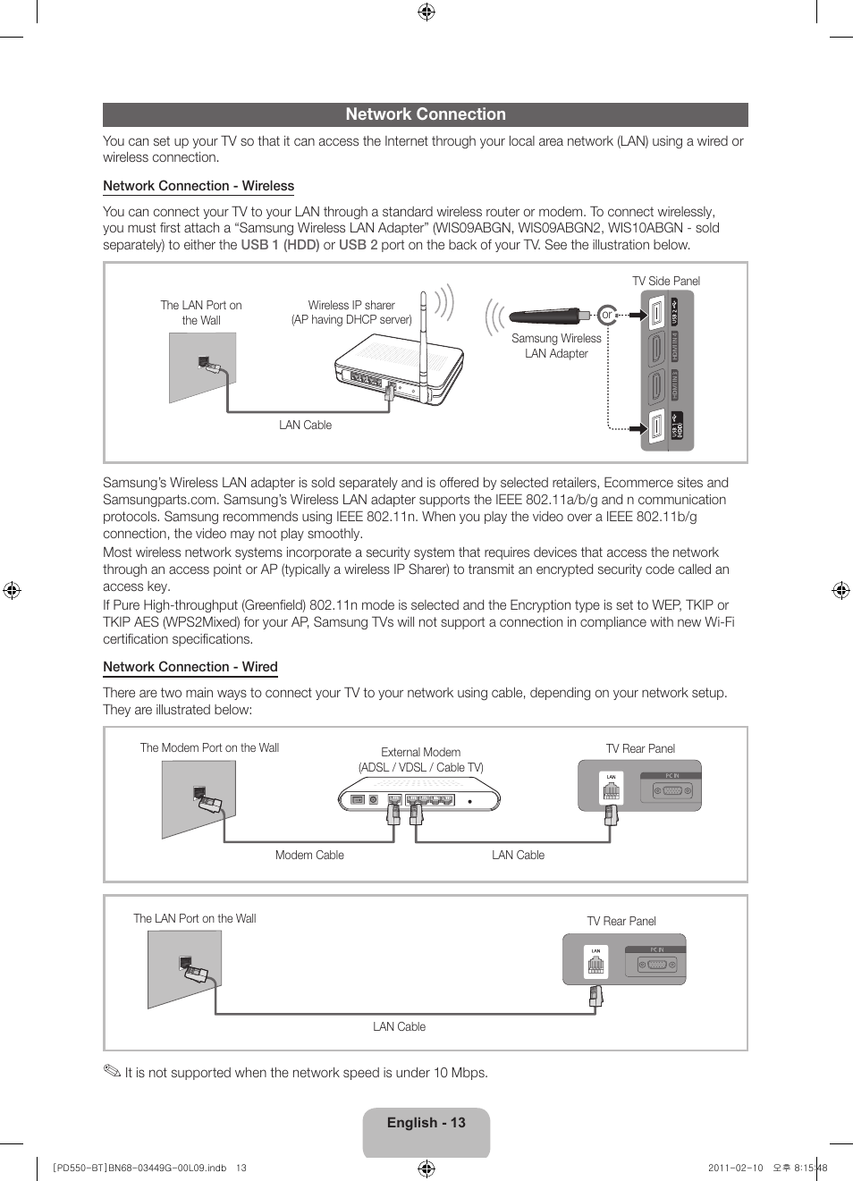 Network connection | Samsung PS59D550C1W User Manual | Page 13 / 166