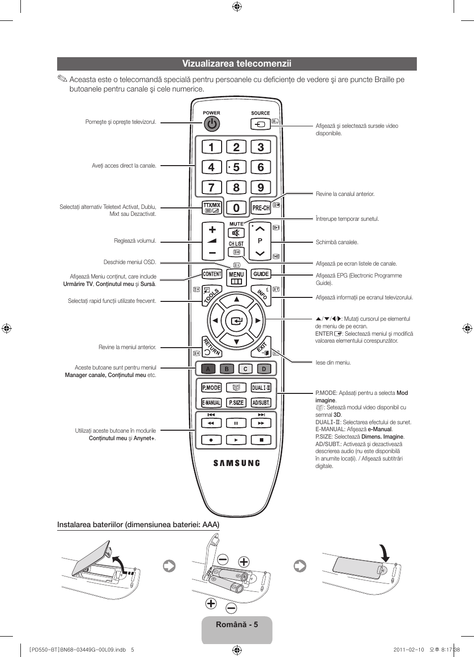 Vizualizarea telecomenzii | Samsung PS59D550C1W User Manual | Page 133 / 166
