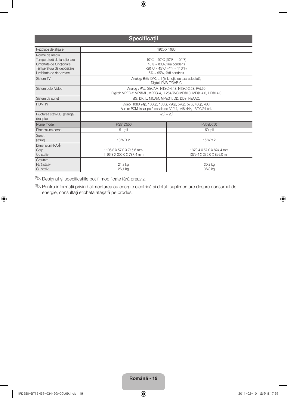 Specificaţii | Samsung PS59D550C1W User Manual | Page 147 / 166