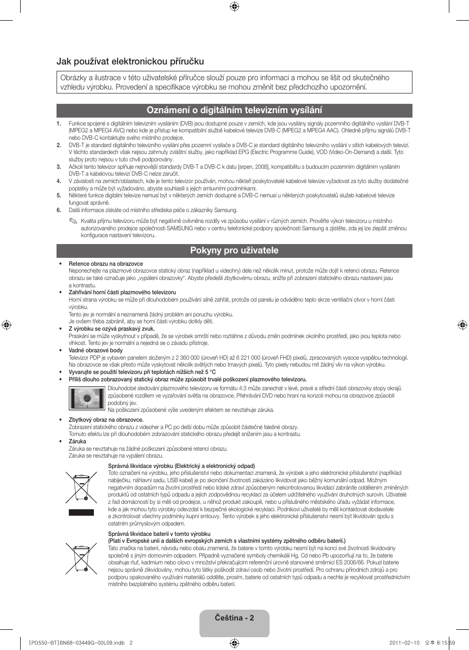 Jak používat elektronickou příručku, Oznámení o digitálním televizním vysílání, Pokyny pro uživatele | Samsung PS59D550C1W User Manual | Page 22 / 166