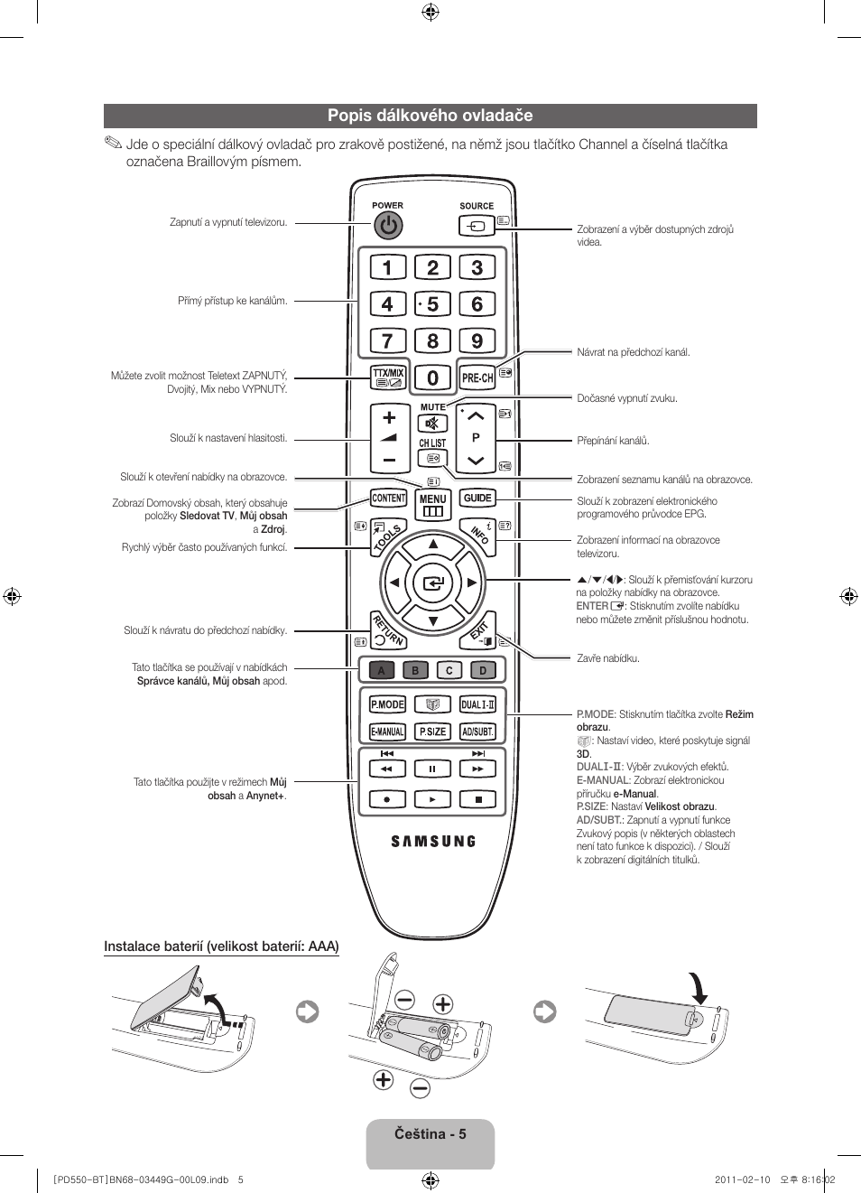 Popis dálkového ovladače | Samsung PS59D550C1W User Manual | Page 25 / 166