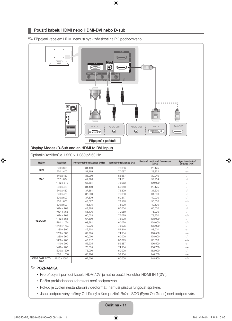 Použití kabelu hdmi nebo hdmi-dvi nebo d-sub | Samsung PS59D550C1W User Manual | Page 31 / 166