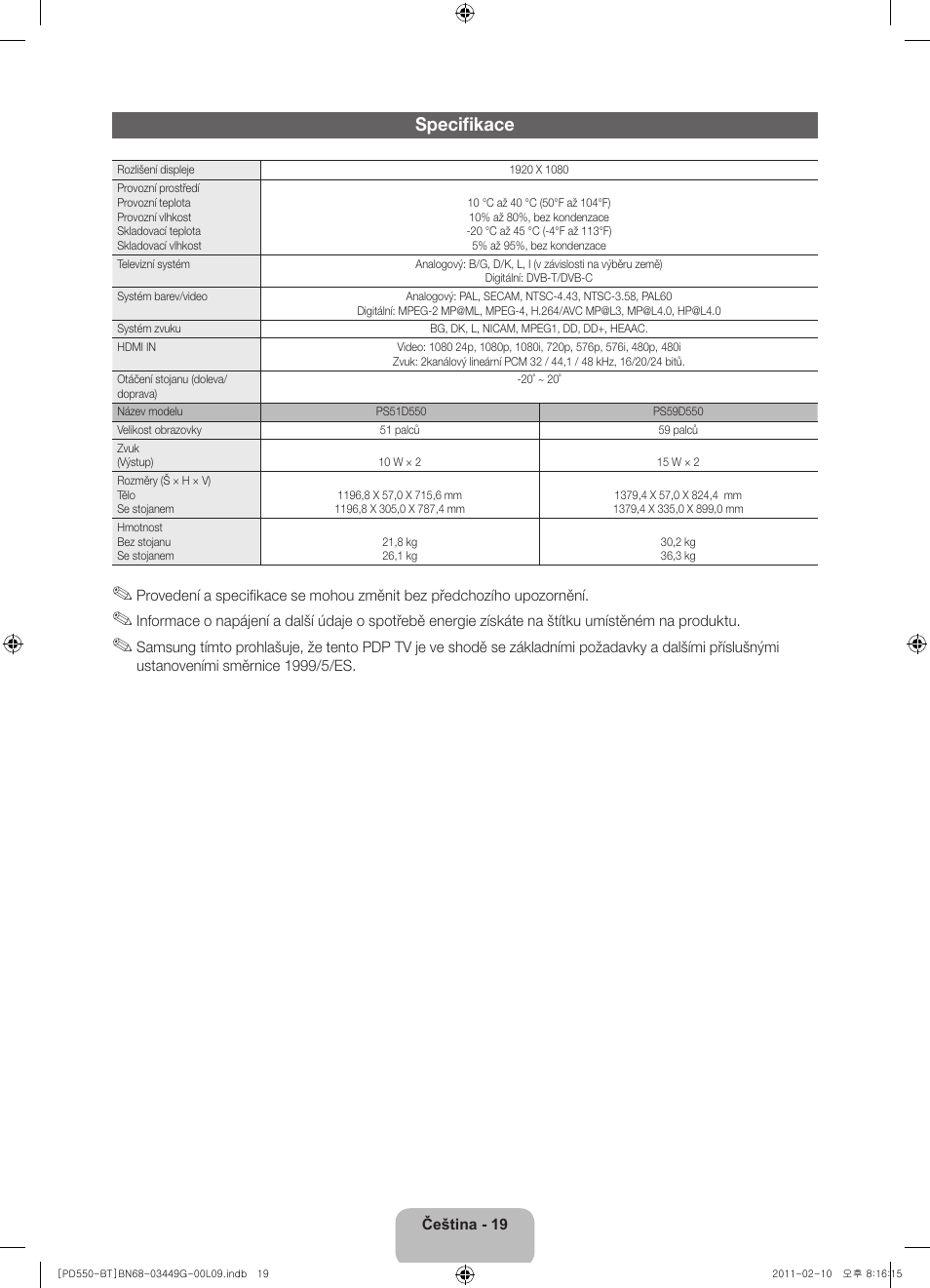 Specifikace | Samsung PS59D550C1W User Manual | Page 39 / 166