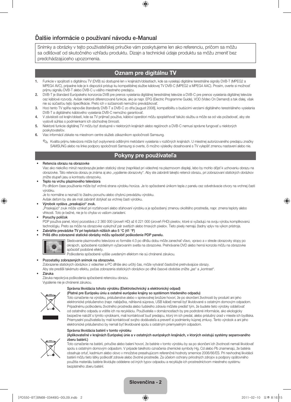 Ďalšie informácie o používaní návodu e-manual, Oznam pre digitálnu tv, Pokyny pre používateľa | Samsung PS59D550C1W User Manual | Page 40 / 166