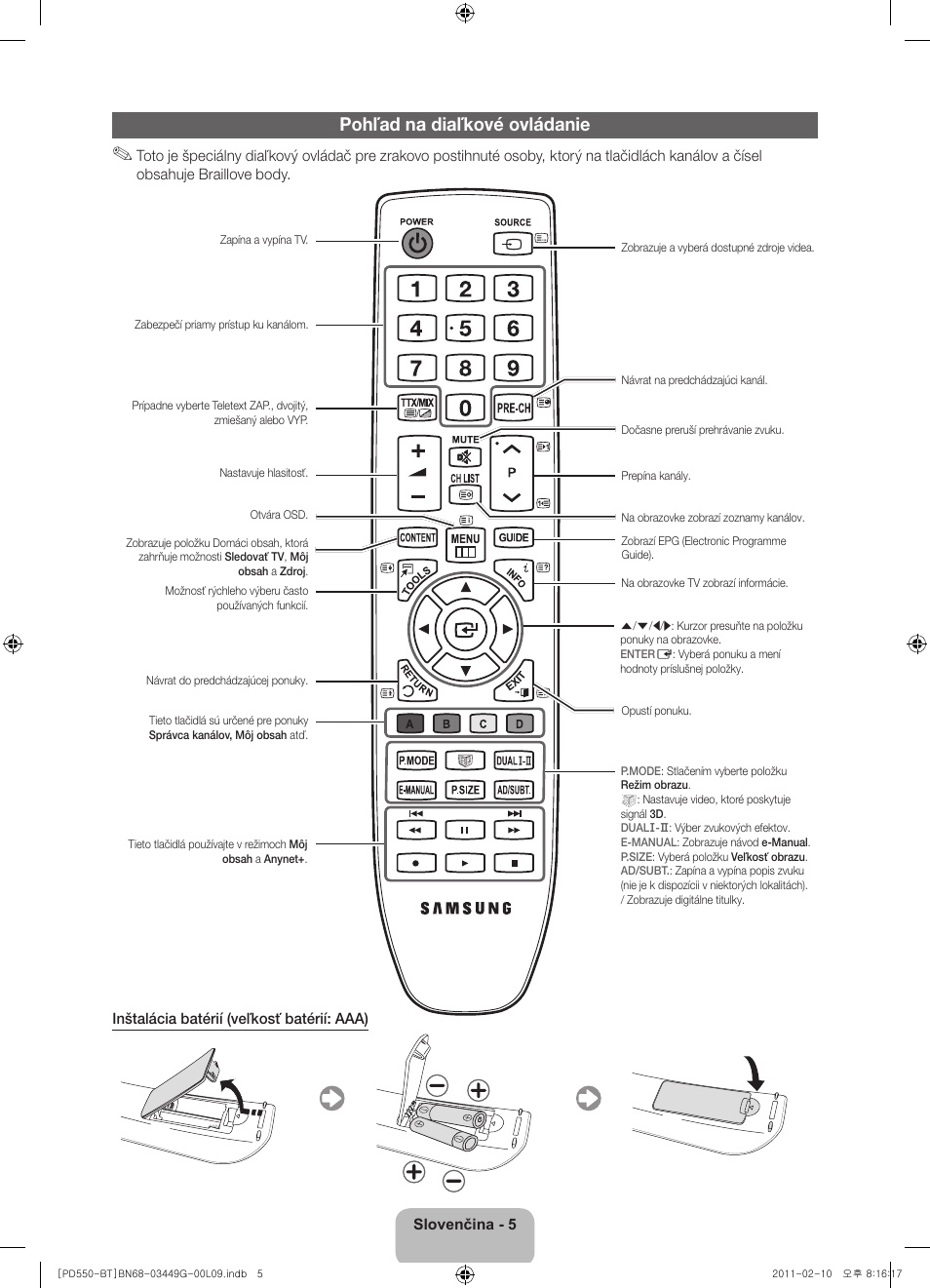 Pohľad na diaľkové ovládanie | Samsung PS59D550C1W User Manual | Page 43 / 166