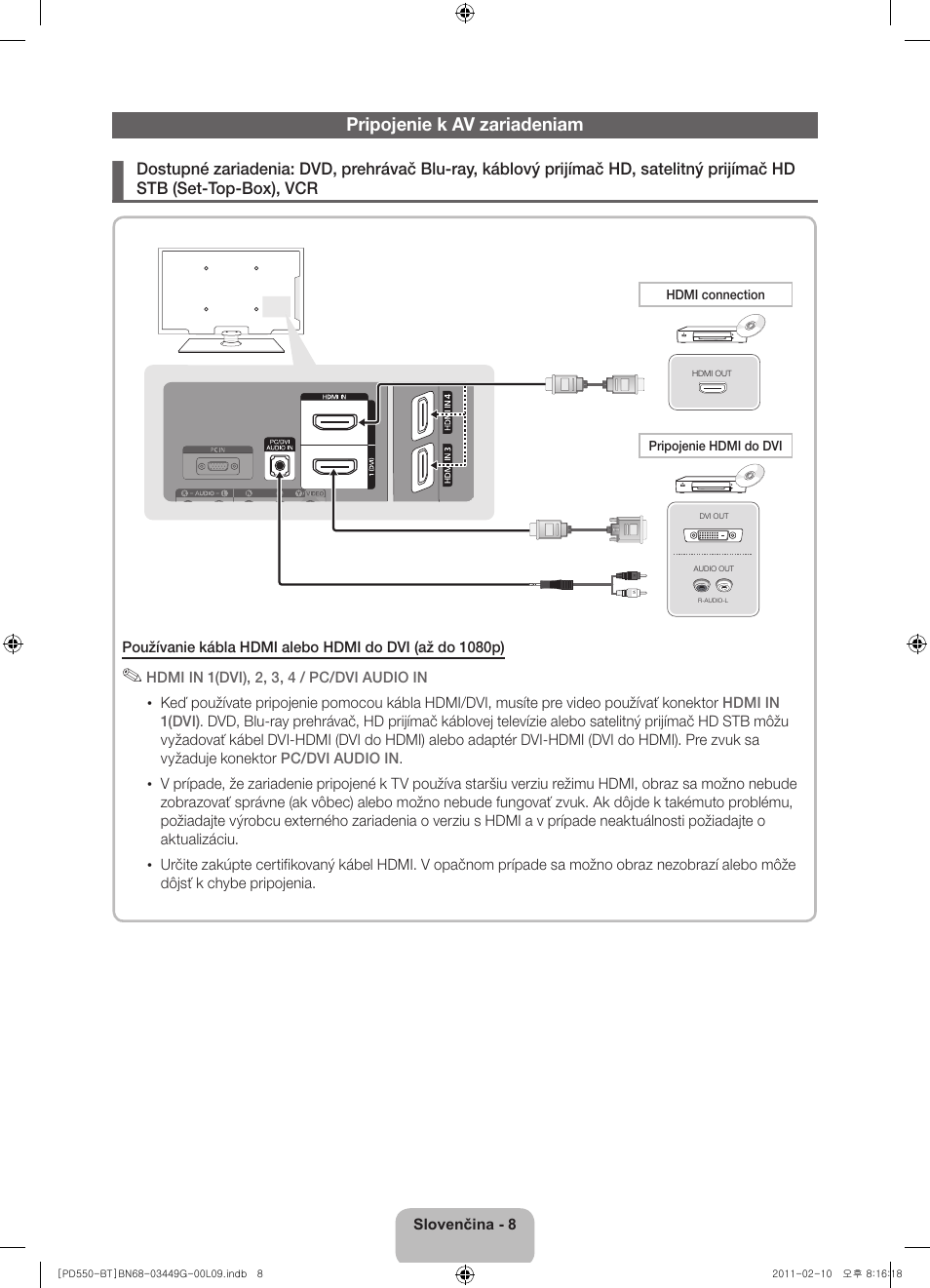 Pripojenie k av zariadeniam | Samsung PS59D550C1W User Manual | Page 46 / 166