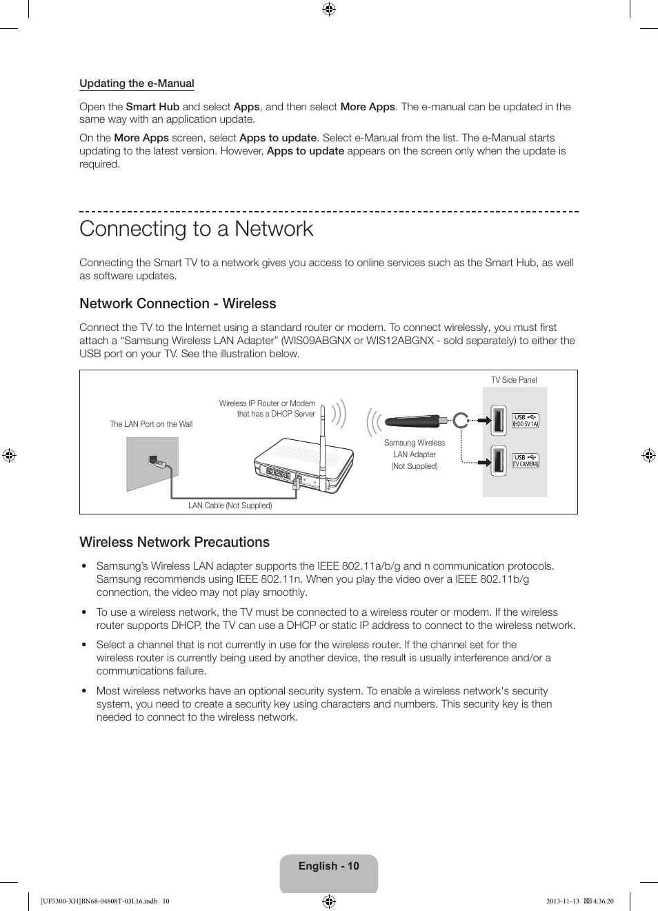 Connecting to a network, Network connection - wireless, Wireless network precautions | Samsung UE40F5300AW User Manual | Page 10 / 289
