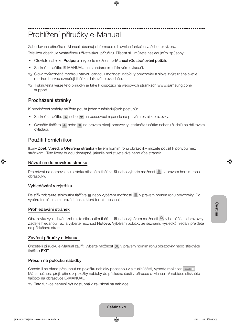 Prohlížení příručky e-manual, Procházení stránky, Použití horních ikon | Samsung UE40F5300AW User Manual | Page 117 / 289