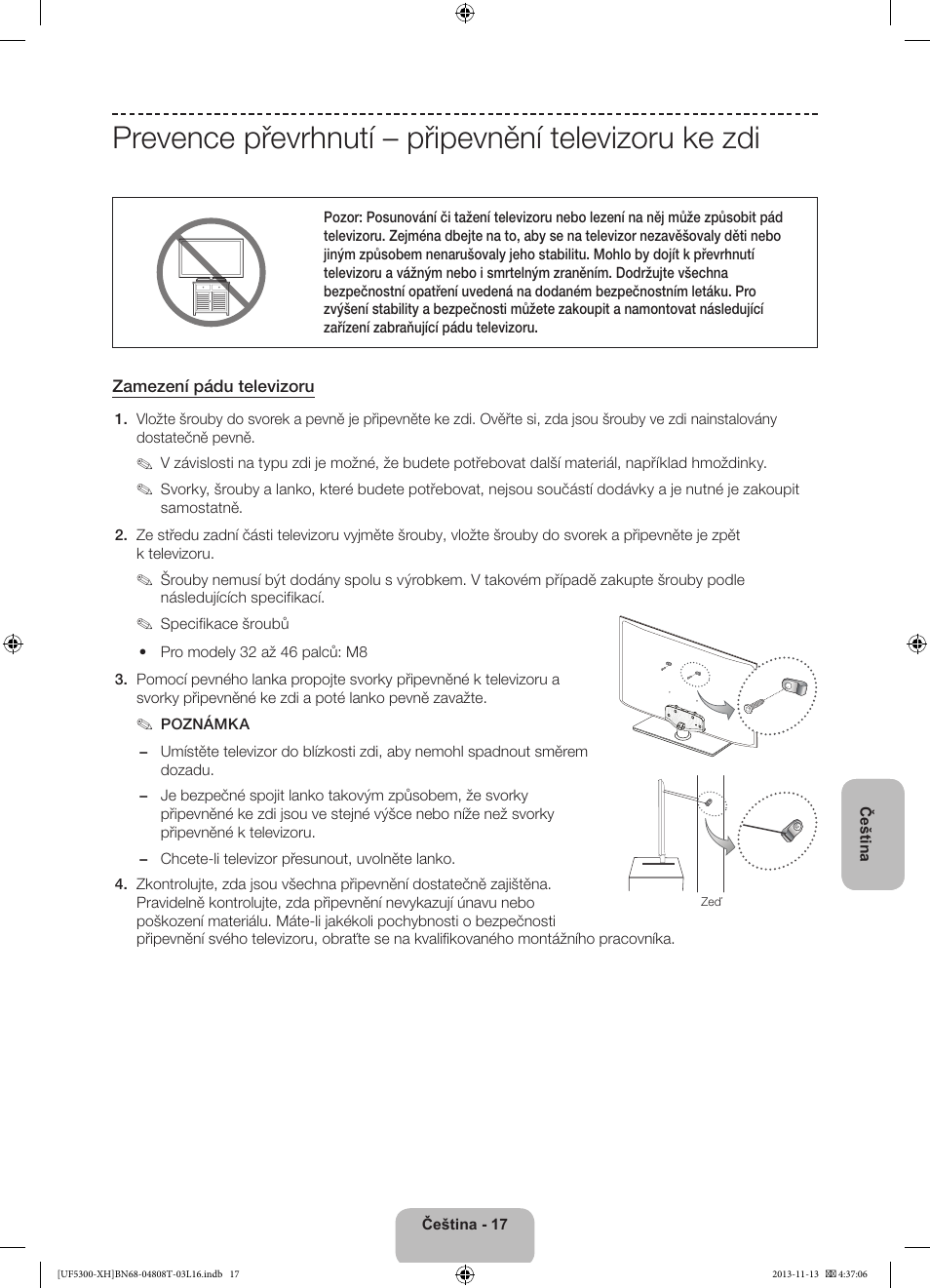 Prevence převrhnutí – připevnění televizoru ke zdi | Samsung UE40F5300AW User Manual | Page 125 / 289