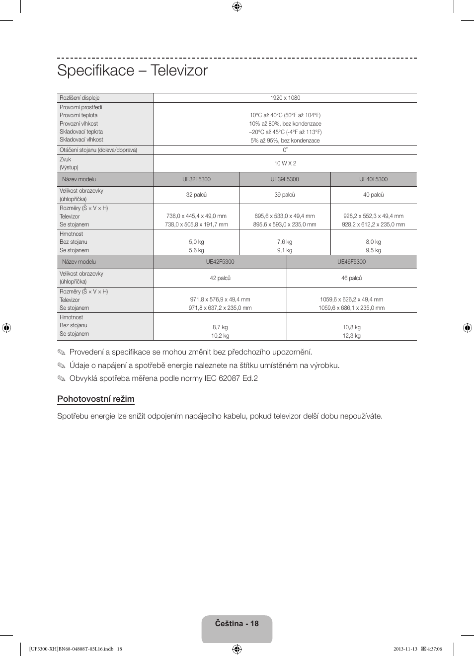 Specifikace – televizor, Pohotovostní režim | Samsung UE40F5300AW User Manual | Page 126 / 289