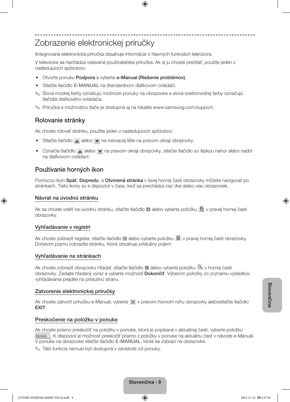 Zobrazenie elektronickej príručky, Rolovanie stránky, Používanie horných ikon | Samsung UE40F5300AW User Manual | Page 135 / 289