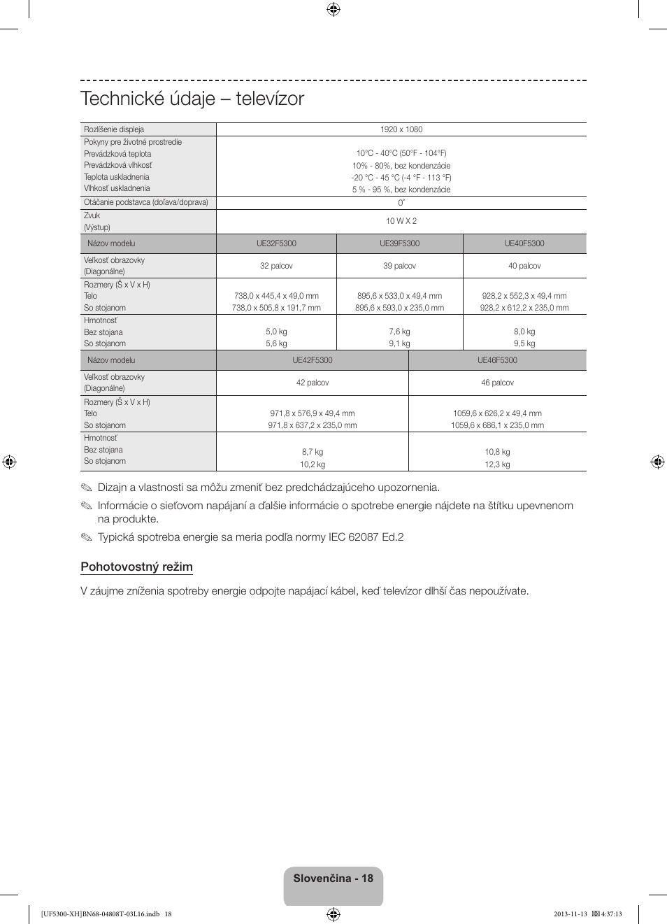 Technické údaje – televízor, Pohotovostný režim | Samsung UE40F5300AW User Manual | Page 144 / 289