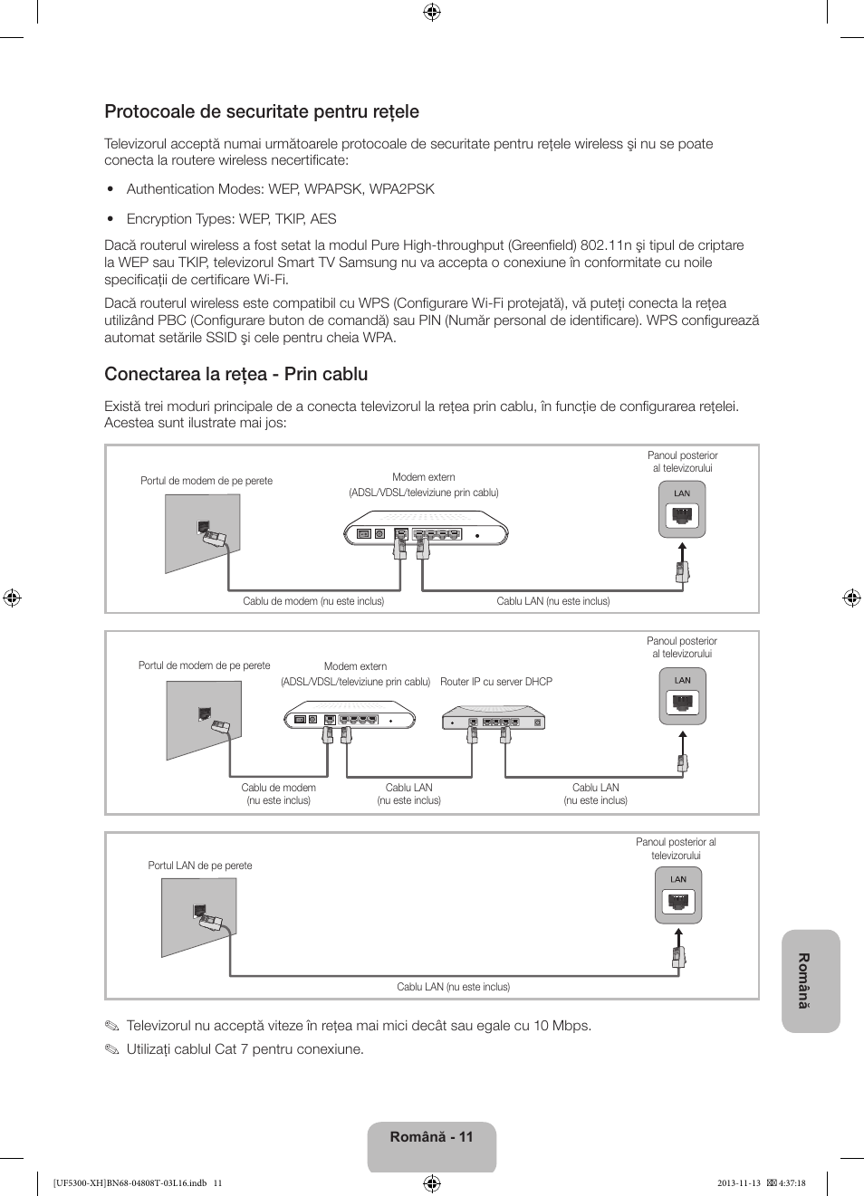 Protocoale de securitate pentru reţele, Conectarea la reţea - prin cablu | Samsung UE40F5300AW User Manual | Page 155 / 289