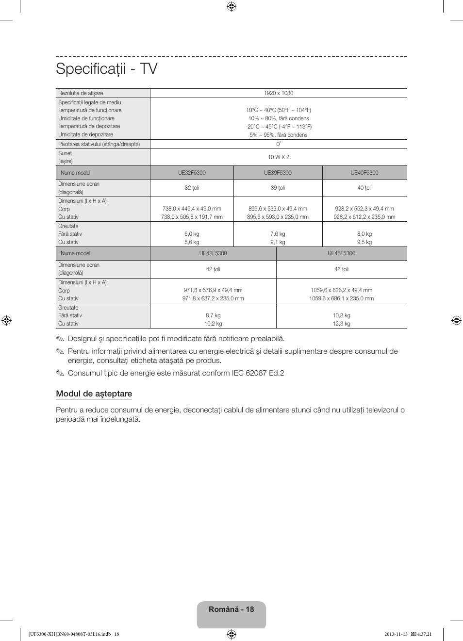 Specificaţii - tv, Modul de aşteptare | Samsung UE40F5300AW User Manual | Page 162 / 289