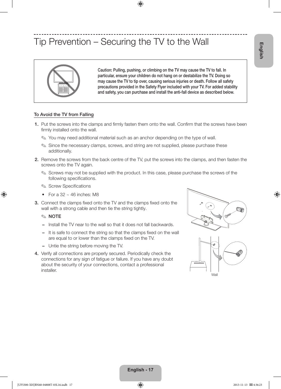 Tip prevention – securing the tv to the wall | Samsung UE40F5300AW User Manual | Page 17 / 289
