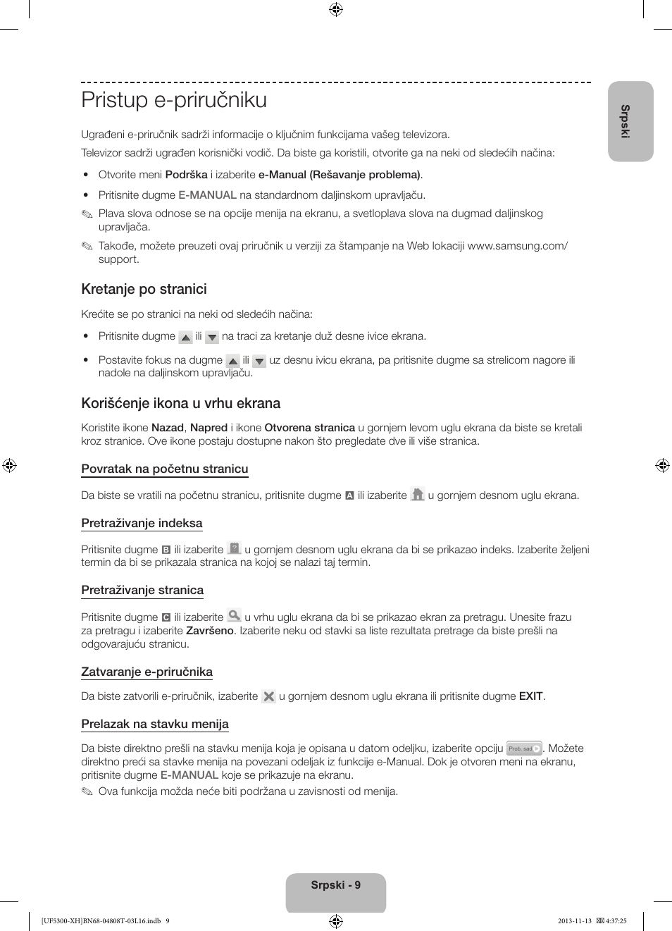 Pristup e-priručniku, Kretanje po stranici, Korišćenje ikona u vrhu ekrana | Samsung UE40F5300AW User Manual | Page 171 / 289