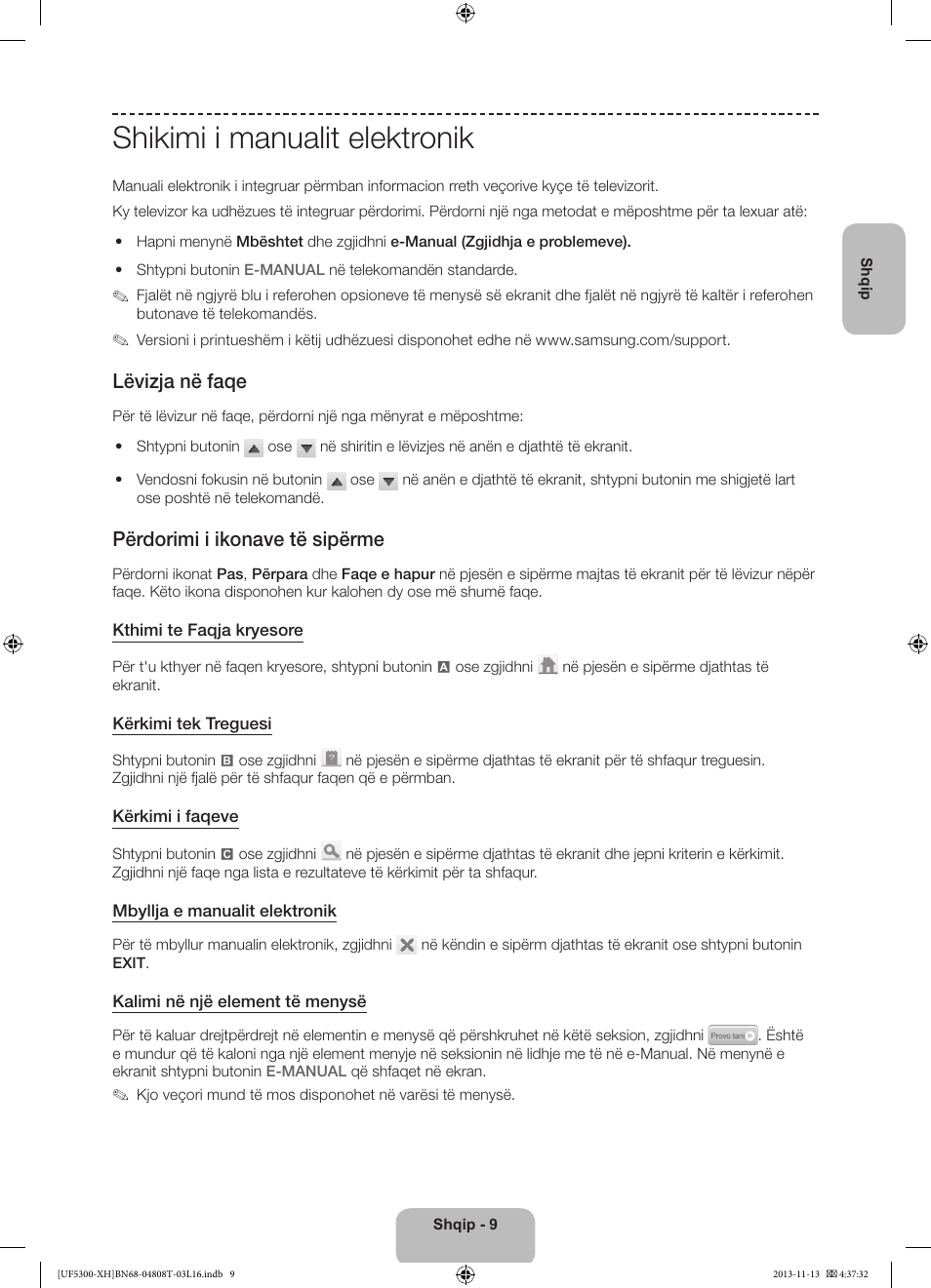 Shikimi i manualit elektronik, Lëvizja në faqe, Përdorimi i ikonave të sipërme | Samsung UE40F5300AW User Manual | Page 189 / 289
