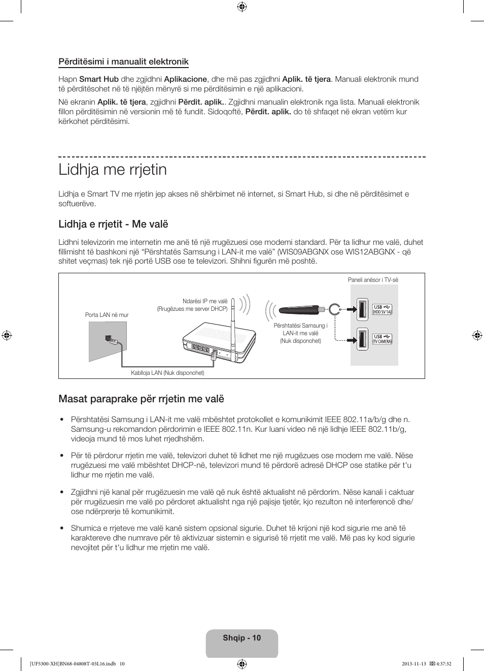 Lidhja me rrjetin, Lidhja e rrjetit - me valë, Masat paraprake për rrjetin me valë | Samsung UE40F5300AW User Manual | Page 190 / 289