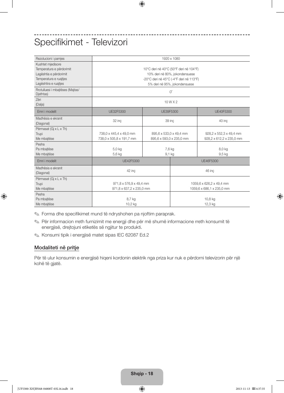 Specifikimet - televizori, Modaliteti në pritje | Samsung UE40F5300AW User Manual | Page 198 / 289