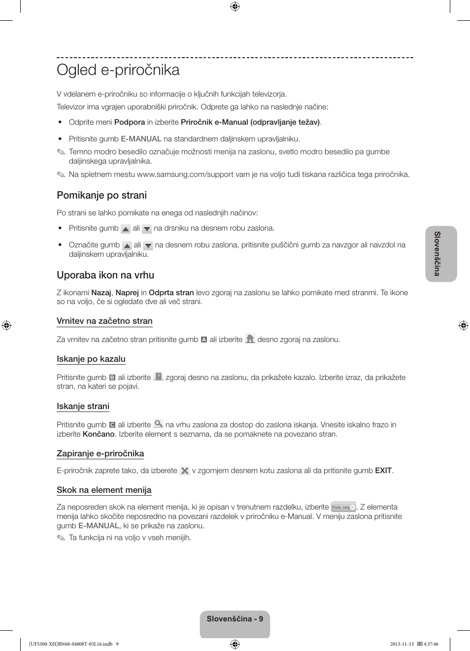 Ogled e-priročnika, Pomikanje po strani, Uporaba ikon na vrhu | Samsung UE40F5300AW User Manual | Page 225 / 289