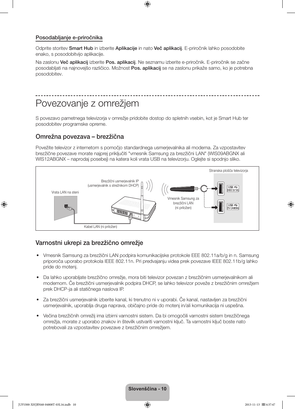 Povezovanje z omrežjem, Omrežna povezava – brezžična, Varnostni ukrepi za brezžično omrežje | Samsung UE40F5300AW User Manual | Page 226 / 289