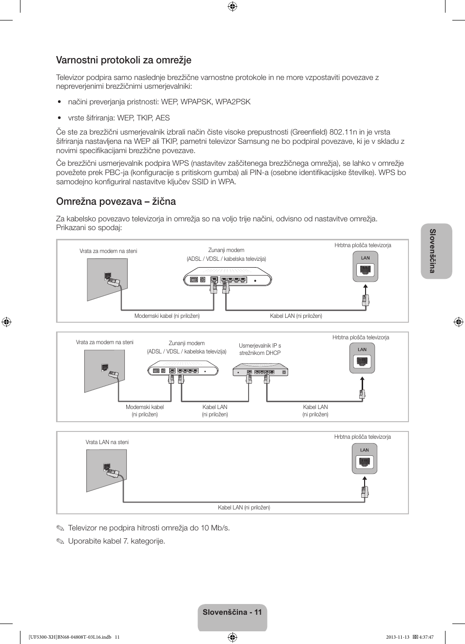 Varnostni protokoli za omrežje, Omrežna povezava – žična | Samsung UE40F5300AW User Manual | Page 227 / 289