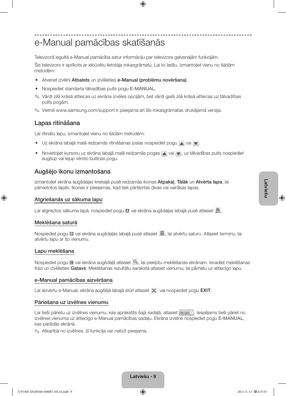 E-manual pamācības skatīšanās, Lapas ritināšana, Augšējo ikonu izmantošana | Samsung UE40F5300AW User Manual | Page 243 / 289