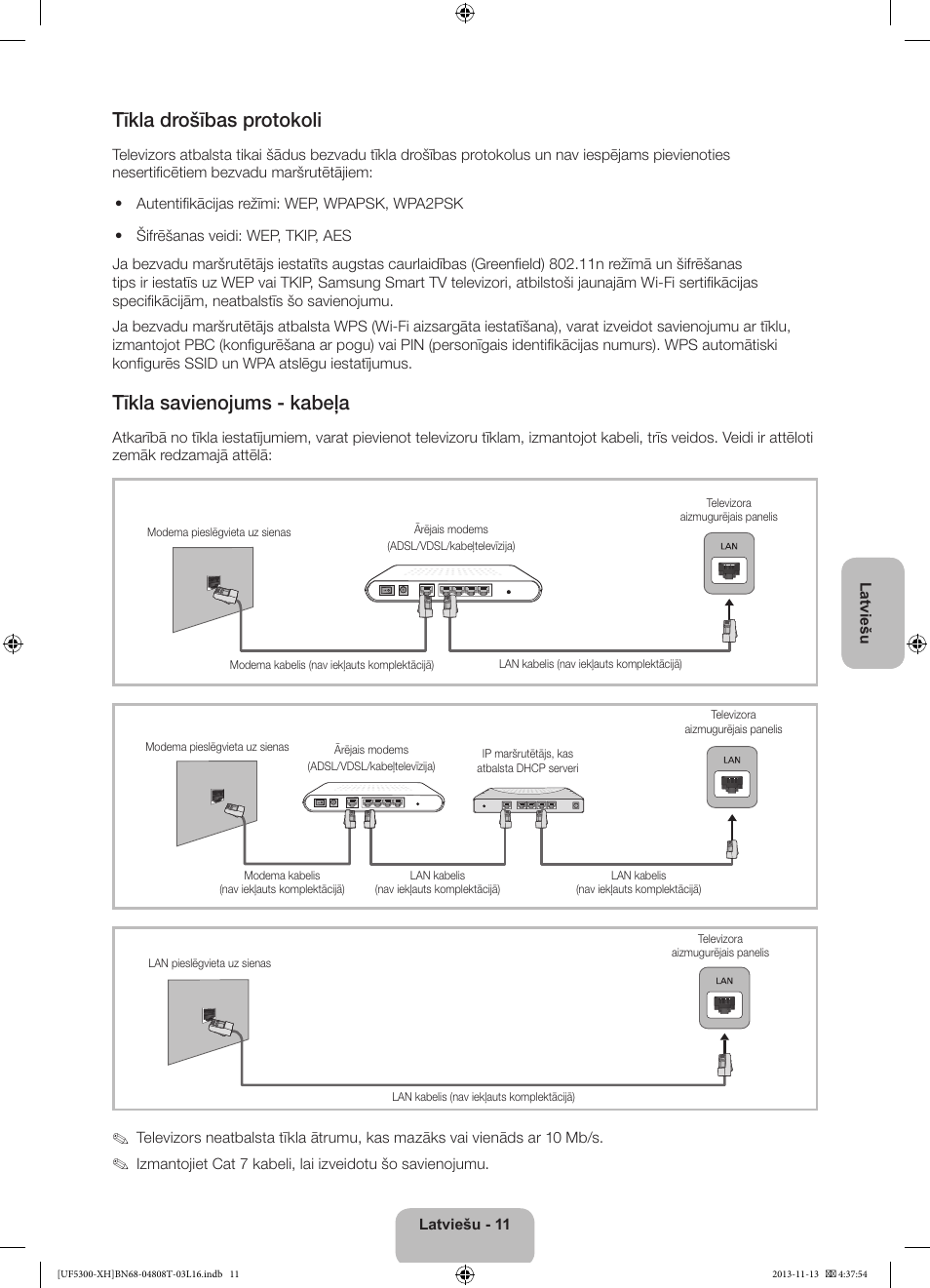 Tīkla drošības protokoli, Tīkla savienojums - kabeļa | Samsung UE40F5300AW User Manual | Page 245 / 289