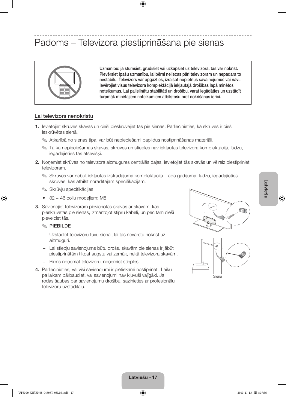 Padoms – televizora piestiprināšana pie sienas | Samsung UE40F5300AW User Manual | Page 251 / 289