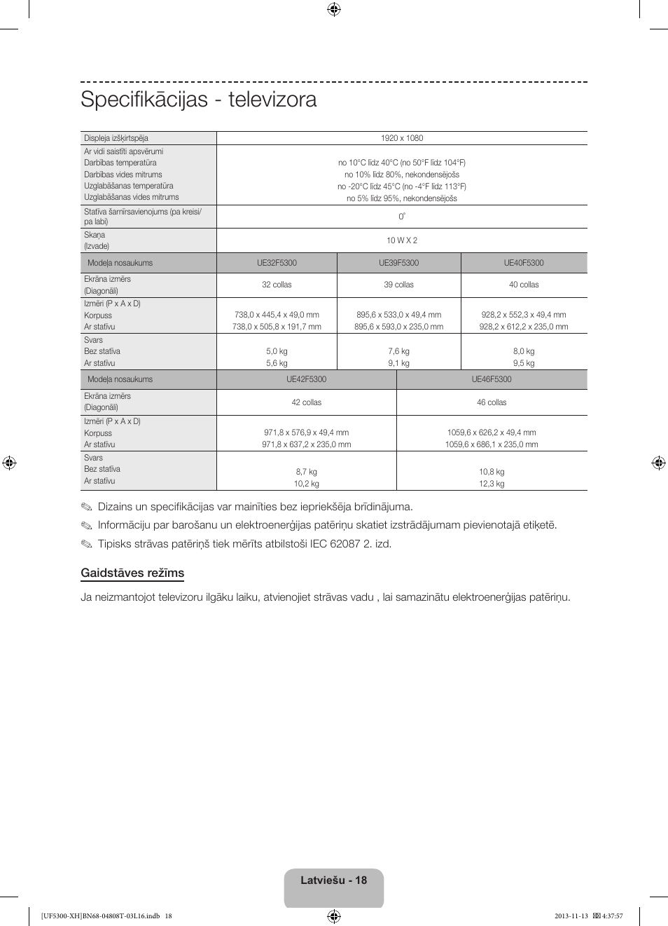 Specifikācijas - televizora, Gaidstāves režīms | Samsung UE40F5300AW User Manual | Page 252 / 289