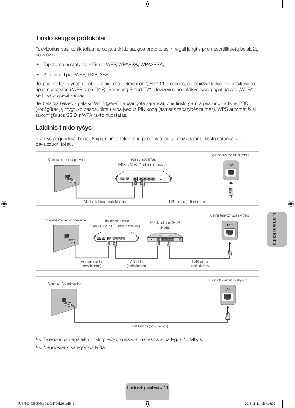 Tinklo saugos protokolai, Laidinis tinklo ryšys | Samsung UE40F5300AW User Manual | Page 263 / 289