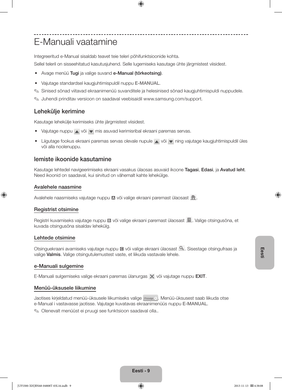E-manuali vaatamine, Lehekülje kerimine, Lemiste ikoonide kasutamine | Samsung UE40F5300AW User Manual | Page 279 / 289