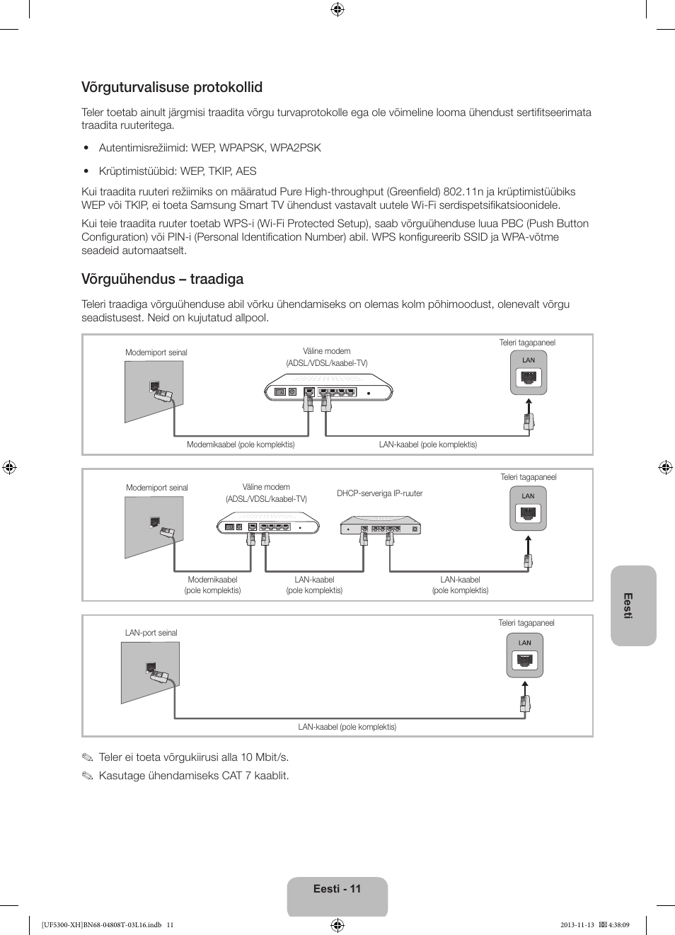 Võrguturvalisuse protokollid, Võrguühendus – traadiga | Samsung UE40F5300AW User Manual | Page 281 / 289
