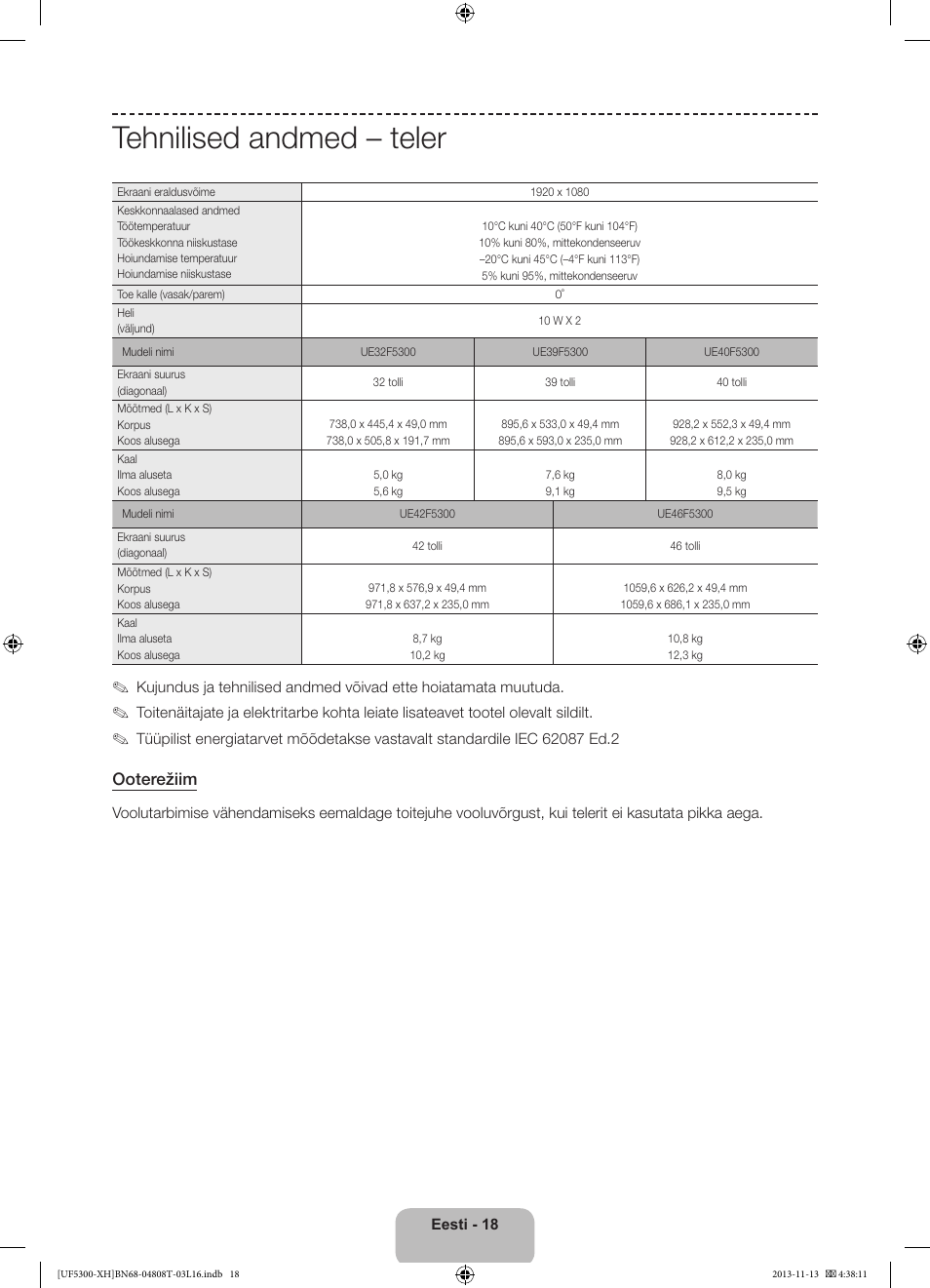 Tehnilised andmed – teler, Ooterežiim | Samsung UE40F5300AW User Manual | Page 288 / 289