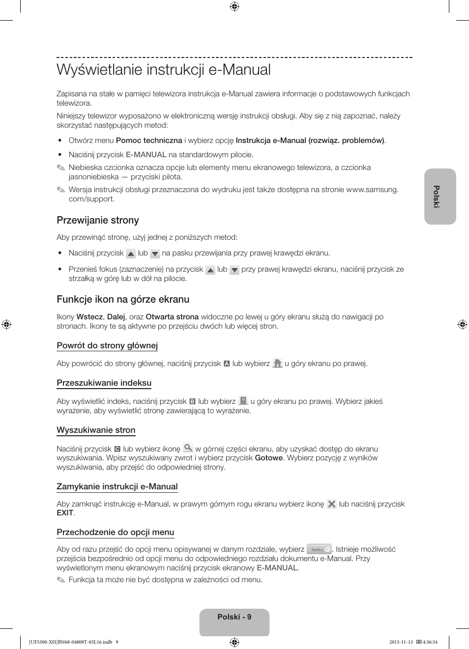 Wyświetlanie instrukcji e-manual, Przewijanie strony, Funkcje ikon na górze ekranu | Samsung UE40F5300AW User Manual | Page 45 / 289